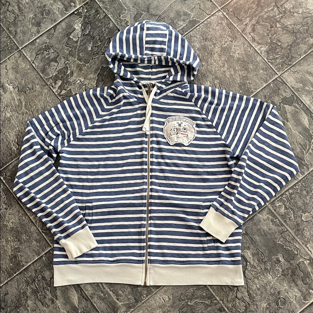 DISNEY PARKS Authentic Blue & Cream Striped Zip-up Patch Unisex Hoodie Fun Trip
